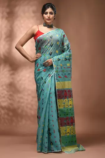 Sea green silk cotton handwoven soft jamdani saree