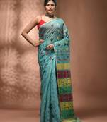 Sea green silk cotton handwoven soft jamdani saree