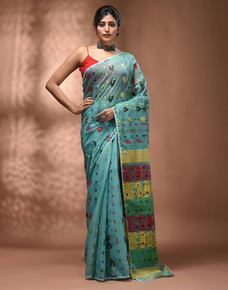 Sea green silk cotton handwoven soft jamdani saree