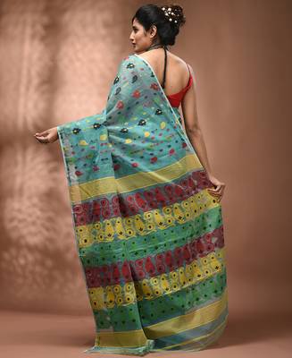 Sea green silk cotton handwoven soft jamdani saree 2