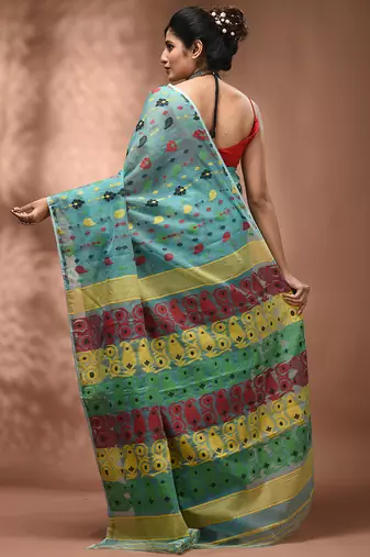 Sea green silk cotton handwoven soft jamdani saree