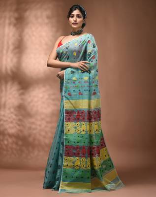 Sea green silk cotton handwoven soft jamdani saree 3