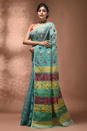 Sea green silk cotton handwoven soft jamdani saree