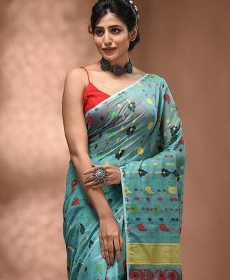 Sea green silk cotton handwoven soft jamdani saree 4