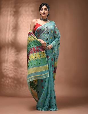 Sea green silk cotton handwoven soft jamdani saree 5