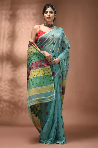 Sea green silk cotton handwoven soft jamdani saree