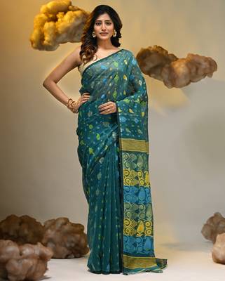 Teal silk cotton handwoven soft jamdani saree 1