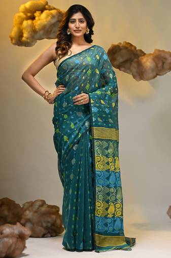 Teal silk cotton handwoven soft jamdani saree