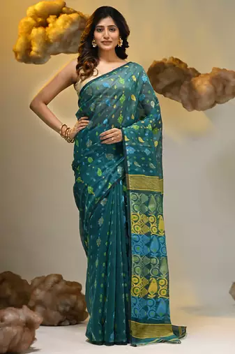 Teal silk cotton handwoven soft jamdani saree