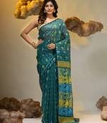 Teal silk cotton handwoven soft jamdani saree