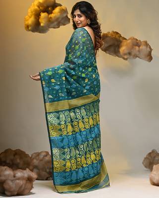 Teal silk cotton handwoven soft jamdani saree 2