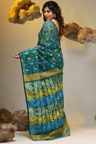 Teal silk cotton handwoven soft jamdani saree