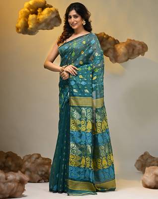 Teal silk cotton handwoven soft jamdani saree 3