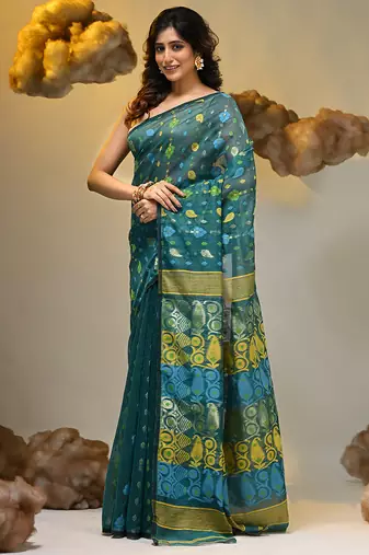 Teal silk cotton handwoven soft jamdani saree