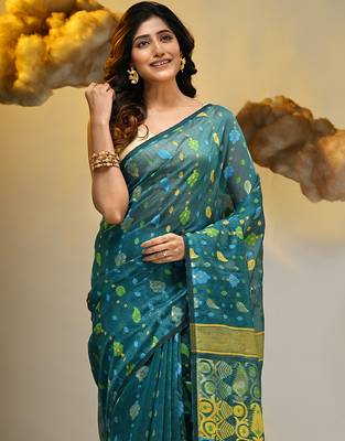 Teal silk cotton handwoven soft jamdani saree 4