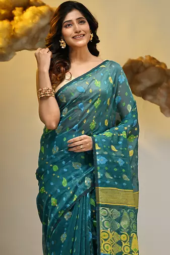 Teal silk cotton handwoven soft jamdani saree
