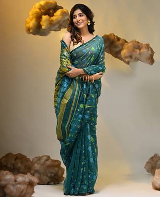 Teal silk cotton handwoven soft jamdani saree 5
