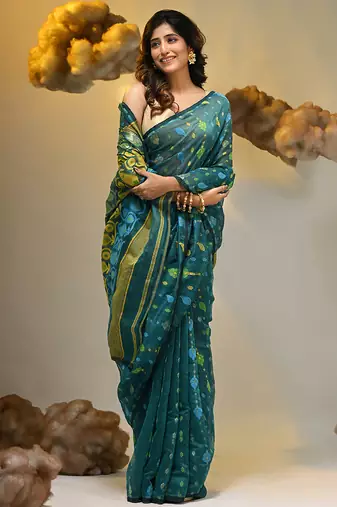Teal silk cotton handwoven soft jamdani saree