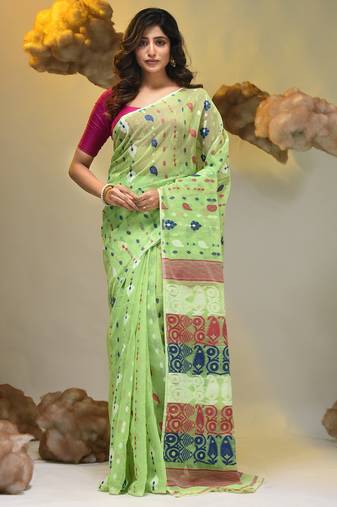 Light green silk cotton handwoven soft jamdani saree