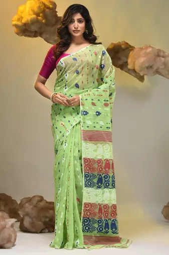 Light green silk cotton handwoven soft jamdani saree
