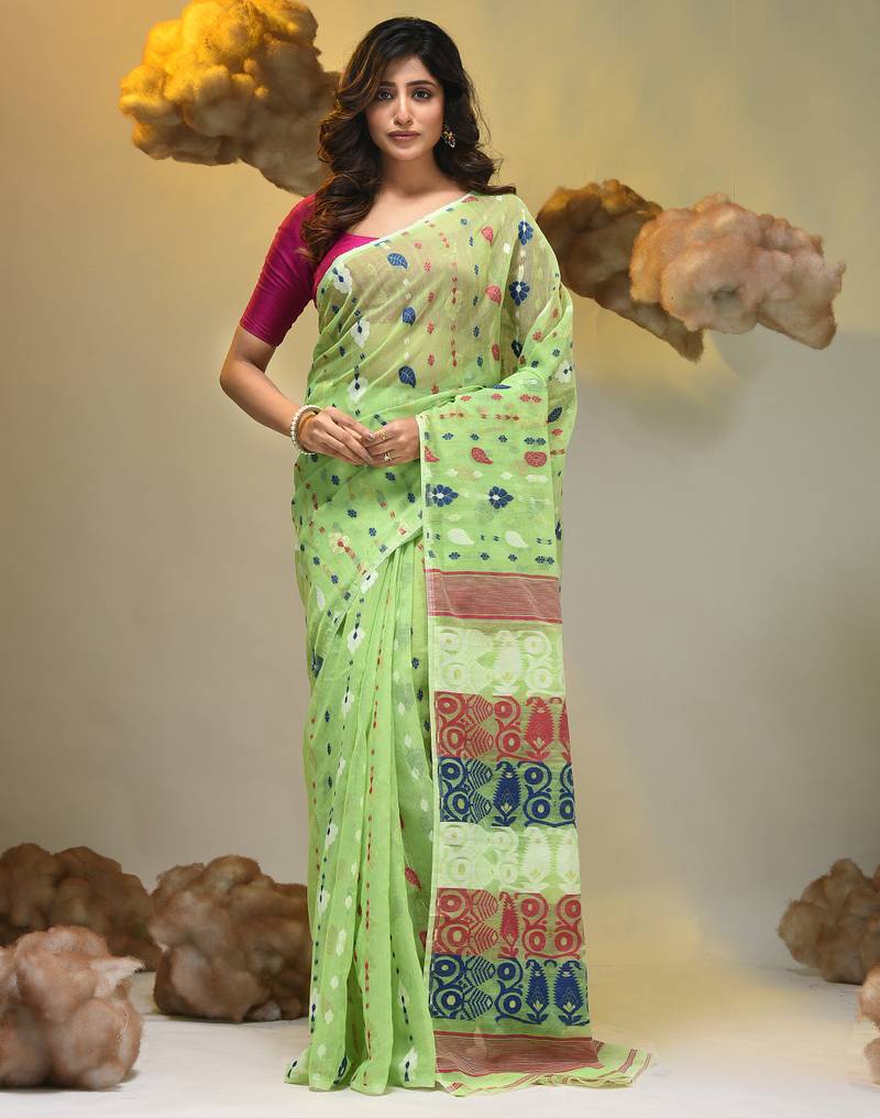 Light green silk cotton handwoven soft jamdani saree