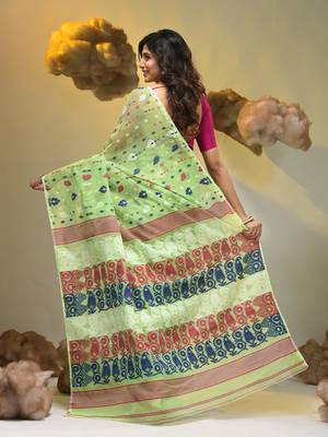 Light green silk cotton handwoven soft jamdani saree 2
