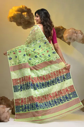 Light green silk cotton handwoven soft jamdani saree