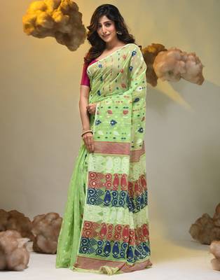 Light green silk cotton handwoven soft jamdani saree 3
