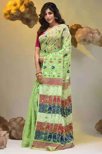 Light green silk cotton handwoven soft jamdani saree