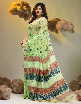 Light green silk cotton handwoven soft jamdani saree 5