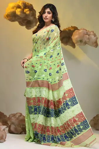 Light green silk cotton handwoven soft jamdani saree
