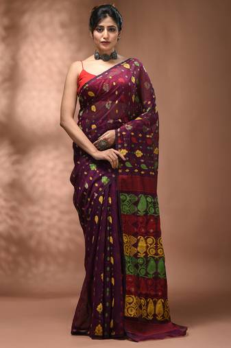 Magenta silk cotton handwoven soft jamdani saree