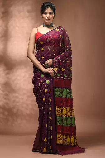 Magenta silk cotton handwoven soft jamdani saree