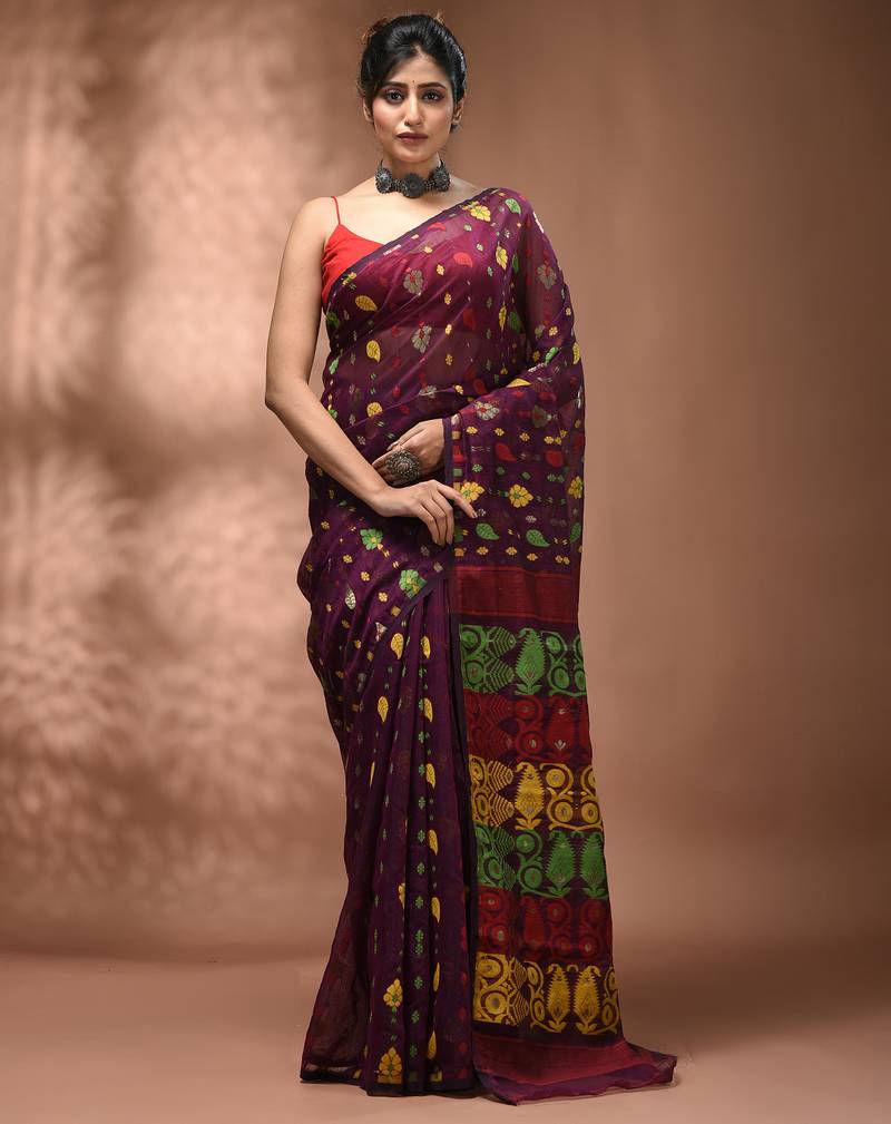 Magenta silk cotton handwoven soft jamdani saree