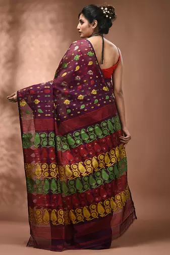Magenta silk cotton handwoven soft jamdani saree