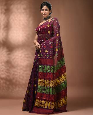 Magenta silk cotton handwoven soft jamdani saree 3