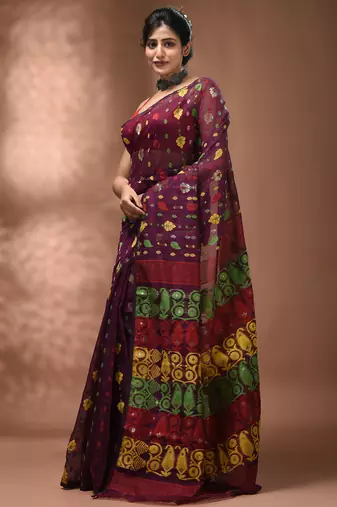 Magenta silk cotton handwoven soft jamdani saree