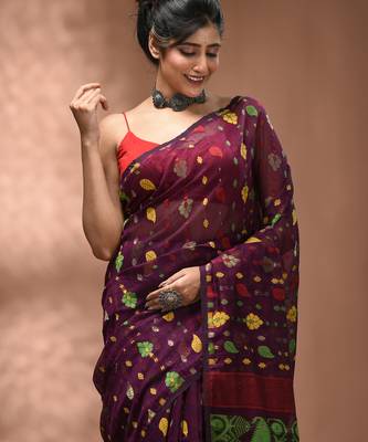 Magenta silk cotton handwoven soft jamdani saree 4