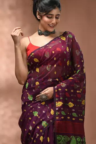 Magenta silk cotton handwoven soft jamdani saree