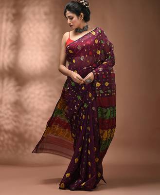 Magenta silk cotton handwoven soft jamdani saree 5