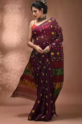 Magenta silk cotton handwoven soft jamdani saree