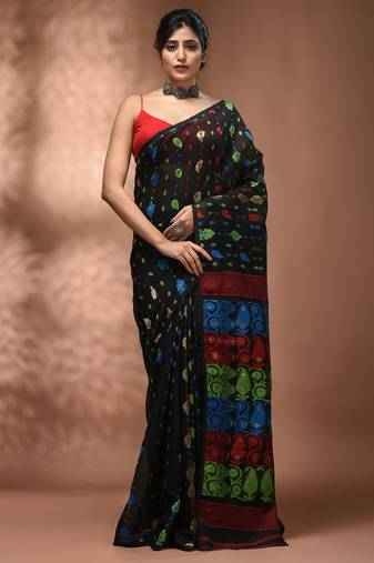 Black silk cotton handwoven soft jamdani saree
