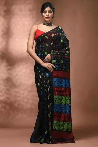 Black silk cotton handwoven soft jamdani saree