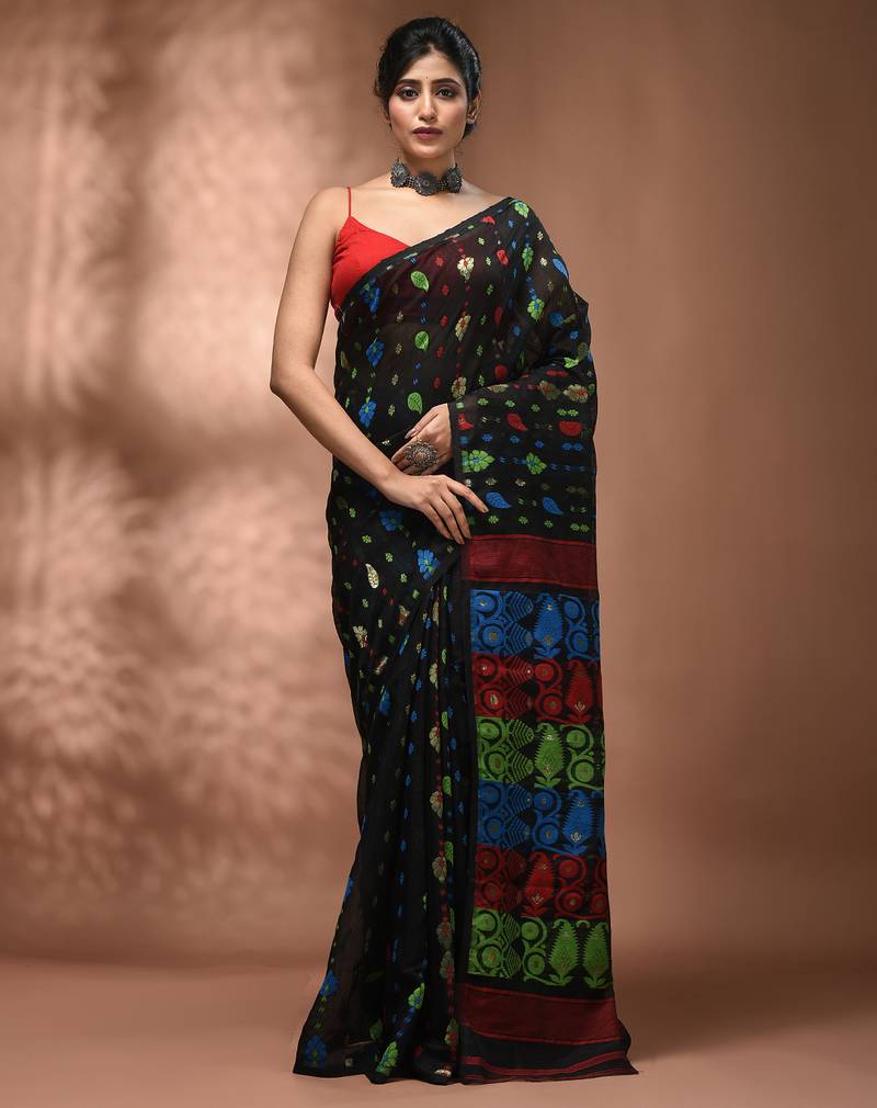 Black silk cotton handwoven soft jamdani saree