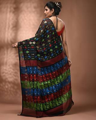 Black silk cotton handwoven soft jamdani saree 2