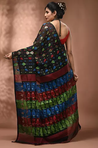 Black silk cotton handwoven soft jamdani saree