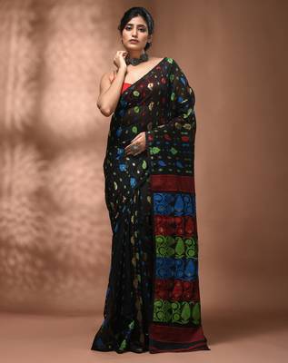 Black silk cotton handwoven soft jamdani saree 3