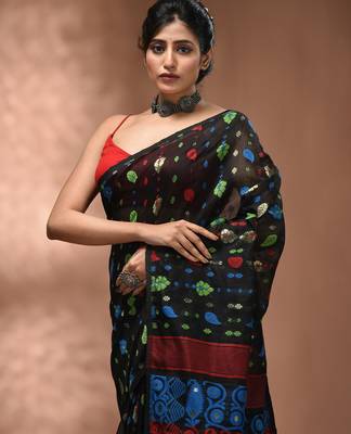 Black silk cotton handwoven soft jamdani saree 4