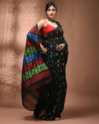 Black silk cotton handwoven soft jamdani saree 5