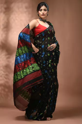 Black silk cotton handwoven soft jamdani saree